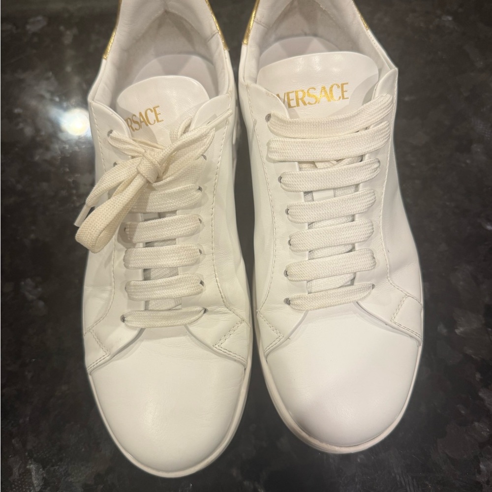 Versace Women's White and Gold Sneakers
